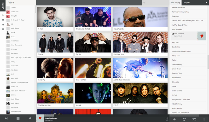 Chorus media control interface showing the artist browsing view