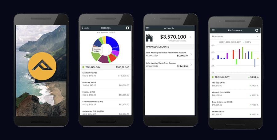 Branded client dashboard mobile app screens for Portola Creek Capital