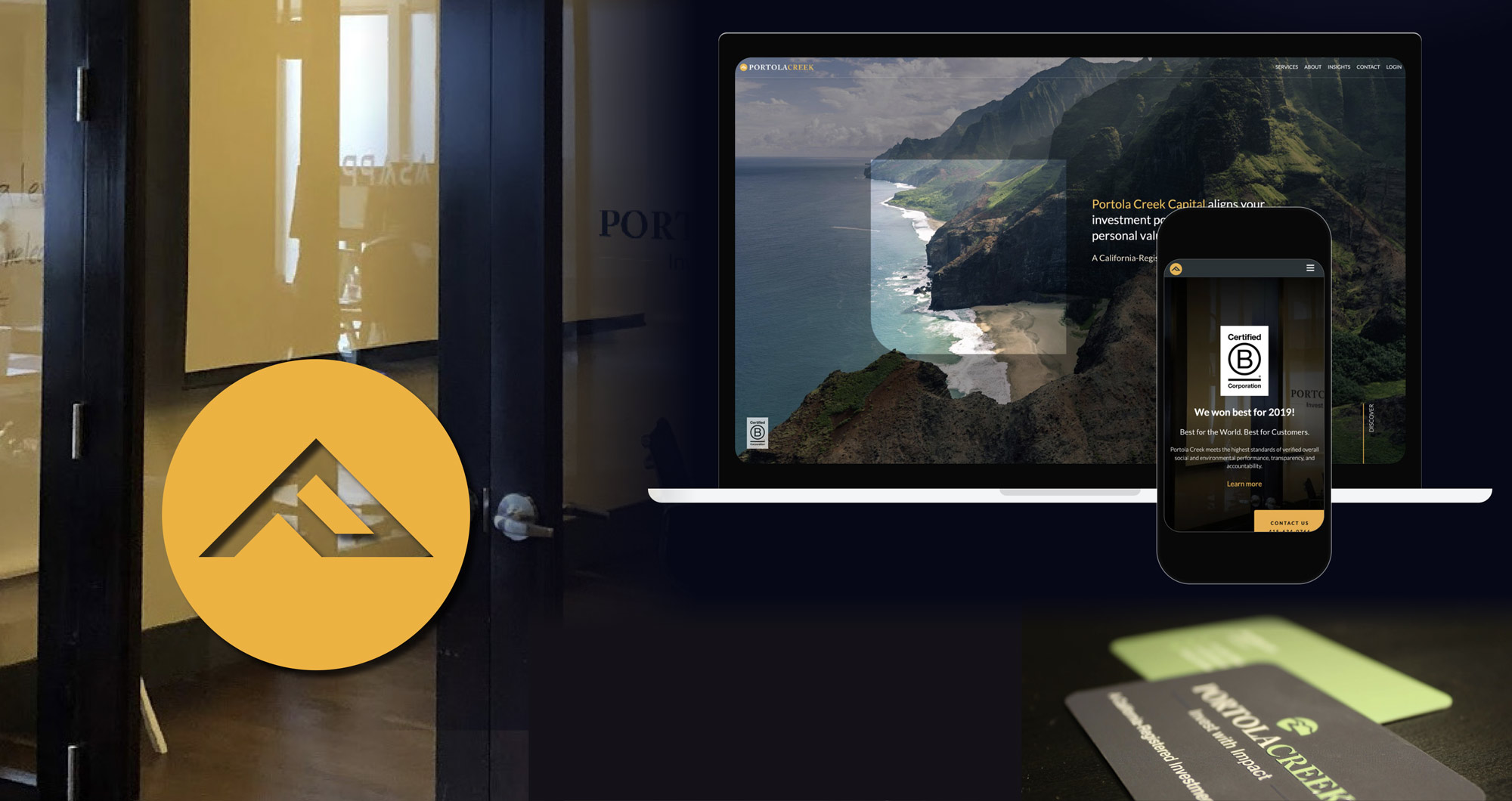Portola Creek Capital brand identity across logo, website and business cards