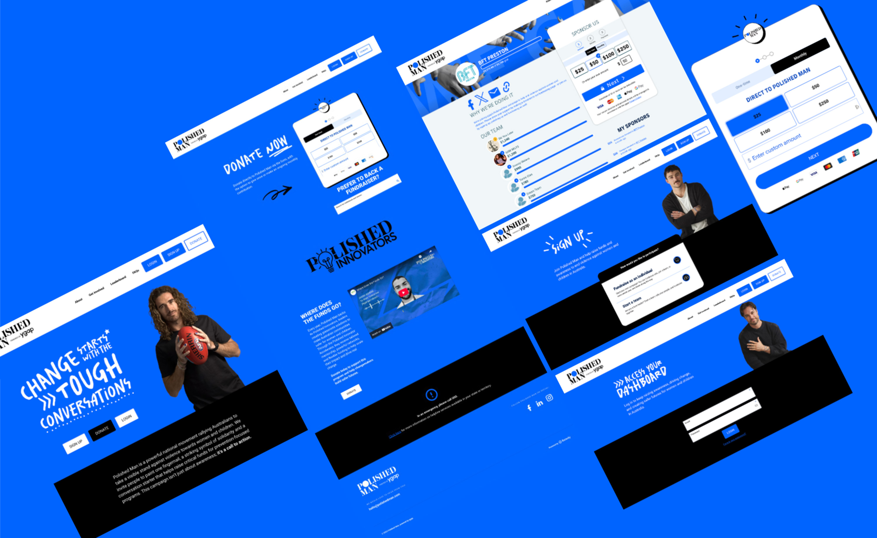 High-fidelity page designs for the Polished Man fundraising platform